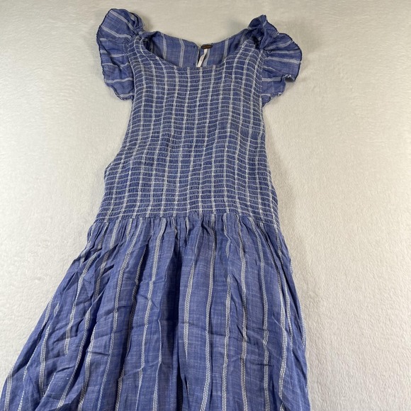 Free People Dresses & Skirts - Free People Dress Womens XS Blue Striped Ruffle Button Front Fit Flare Sundress